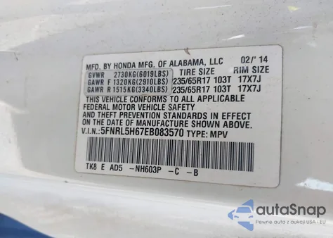 2014 Honda Odyssey Ex-L z USA, uszkodzony, nr VIN 5FNRL5H67EB083570